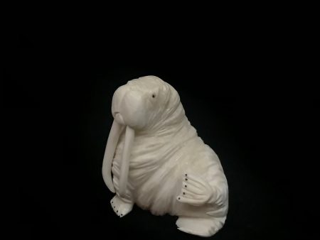 Ivory Carvings- D. Pungowiyi; Sitting Walrus, Baleen Inlay For Sale