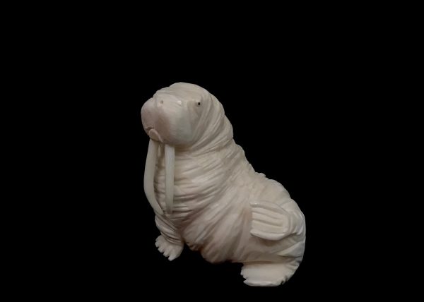 Ivory Carvings- D. Pungowiyi; Sitting Walrus, Baleen Inlay For Sale