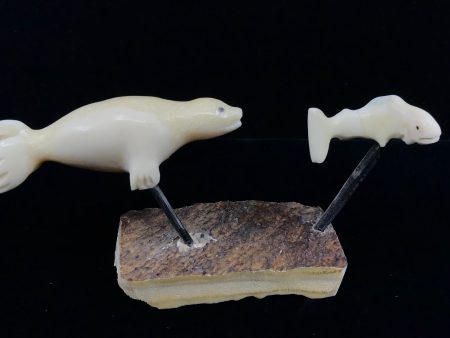 Ivory Carving- K. Wilson: Seal Chasing Fish, Antler, Baleen Online Hot Sale