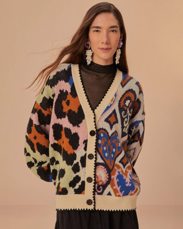 Mixed Ikat Hearts Knit Cardigan on Sale