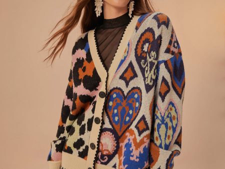 Mixed Ikat Hearts Knit Cardigan on Sale