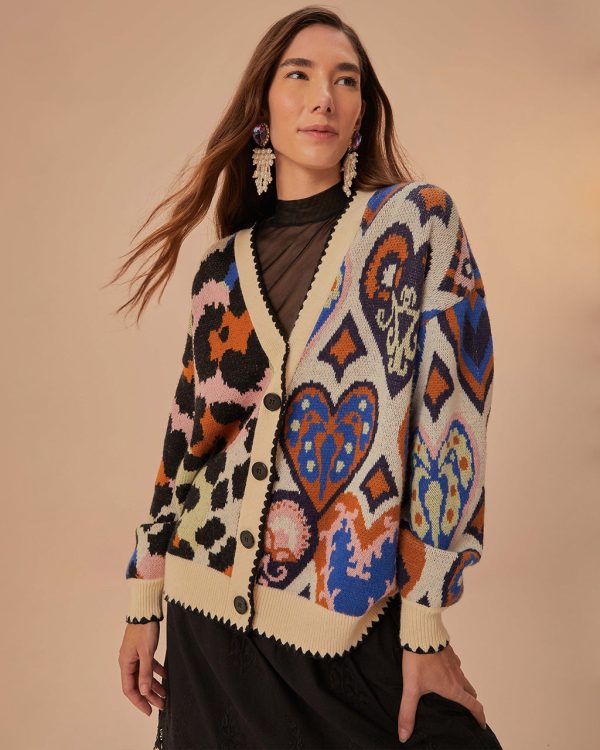 Mixed Ikat Hearts Knit Cardigan on Sale